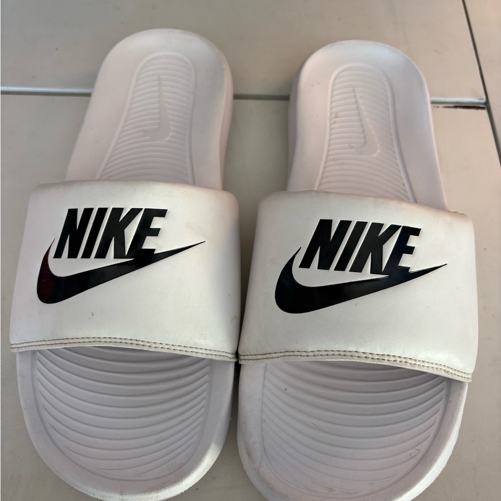 Nike White Slides with Black Logo
